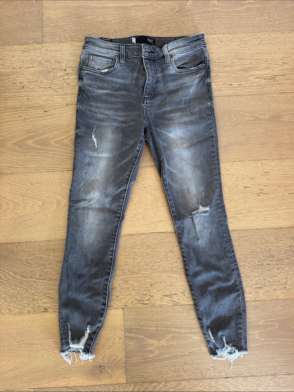 Kut from the Kloth Gray Wash Skinny Jeans with Distressed Hem